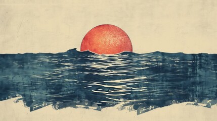 Abstract features a half-circle sun rising above horizontal stripes, representing the sea, set against a soft background