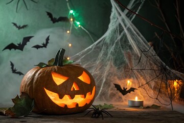 Spooky Jack o lantern pumpkin, glowing ghosts, lights, spiders and bats in dark. 