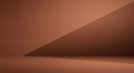 Empty brown room with a large window and a brown triangle on the wall.