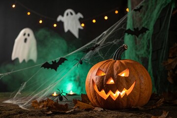 Spooky Jack o lantern pumpkin, glowing ghosts, lights, spiders and bats in dark. 