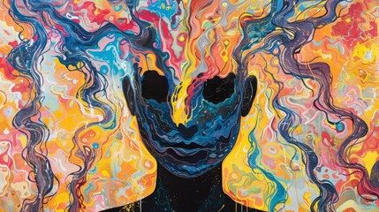 The background features a vivid, psychedelic color gradient with bright yellows, pinks, and blues, creating a striking contrast with the dark silhouette of the figure.