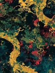 Abstract wallpaper, the color palette features bright yellows, greens, and reds set against a dark background