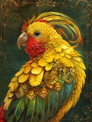 Abstract wallpaper, the color palette features bright yellows, greens, and reds set against a dark background