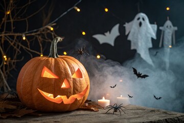 Spooky Jack o lantern pumpkin, glowing ghosts, lights, spiders and bats in dark. 