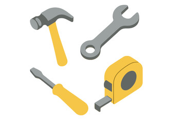 Essential construction and repair tools set including hammer, wrench, screwdriver, and tape measure