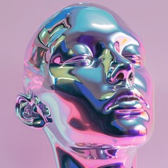 The image features a futuristic, metallic human face sculpture set against a pastel background