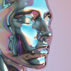 The image features a futuristic, metallic human face sculpture set against a pastel background