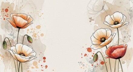 Watercolor poppies with watercolor splatters and butterfly on a beige background.