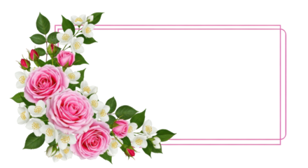 Isolated floral decoration of pink rose flowers with border frame for text layout design