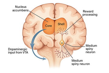 Obraz premium Illustration of the nucleus accumbens, core and shell, with dopaminergic input from VTA and reward processing depicted, featuring a medium spiny neuron.
