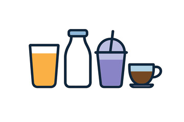 Assortment of popular beverages including fruit juice, milk, cold drink, and hot coffee