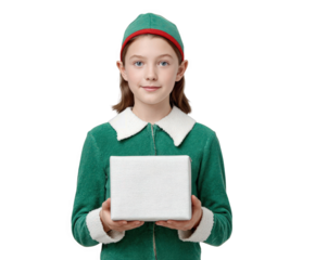 A young girl dressed as an elf, wearing a green elf costume and hat, holding a silver gift box isolated on transparent background