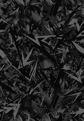 Modern abstract dark background with dynamic geometric pattern, sharp angles, and grunge texture in shades of black and grey.