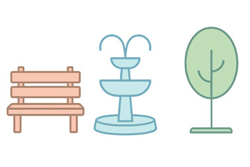 Park bench, water fountain, and tree icons for outdoor and nature designs