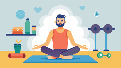 Obraz premium In a gym surrounded by weightlifting equipment a man sits on a yoga mat and focuses on his breath and body as part of his strength training and mindful fitness regimen.. Vector illustration