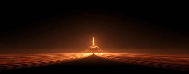 Cartoon pumpkin rocket flying upward, HDR trail glow, rim lighting accent, monochromatic orange palette, centered framing