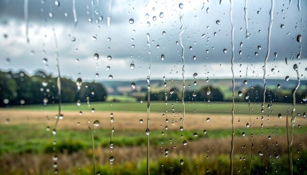 Moody, cinematic view of raindrops on a windowpane overlooking English countryside. A serene image for autumn, weather, solitude, and peaceful contemplation.
