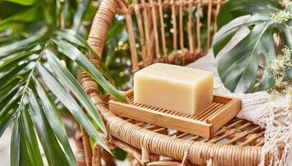 Light-colored bar of soap on a wooden tray amongst tropical foliage.