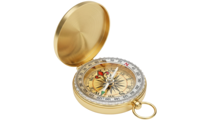 Isolated Gold Compass with Lid Showing Needle Points toward Northwest for Direction Finding