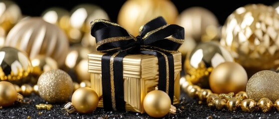Elegant gold gift box surrounded by sparkling ornaments and decorations on a black background during festive season celebrations