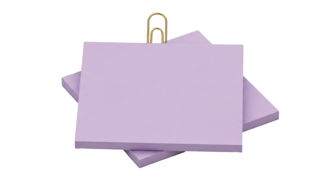 Isolated lavender sticky notes with gold paper clip lying askew on pale backdrop