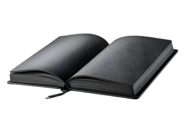 An elegant black hardcover notebook with black pages and ribbon bookmark, mysterious and stylish for creative writing or artistic journaling.