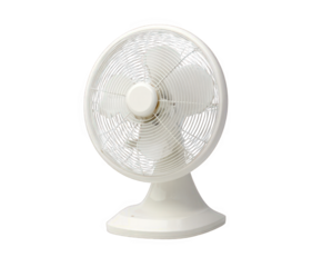 A white electric desk fan with a round grill and three blades, isolated on a transparent background, perfect for illustrating cooling solutions and home appliances
