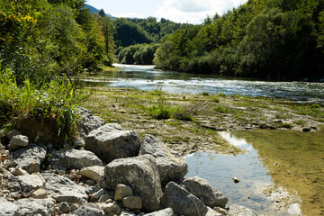 Beautiful River Flowing Through Mountain Forest. Peaceful Nature Landscape with Pure Silence