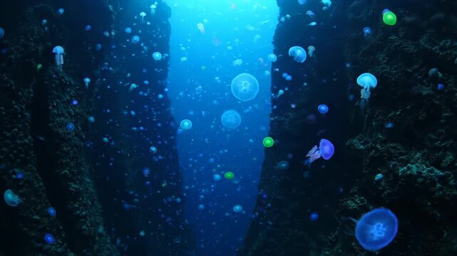 Mesmerizing swarm of iridescent jellyfish illuminates the mysterious depths of an underwater chasm, creating a captivating and otherworldly spectacle in the ocean's blue abyss