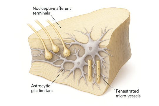 Illustration of nociceptive afferent terminals, astrocytic glia limitans, and fenestrated micro-vessels in the skin.