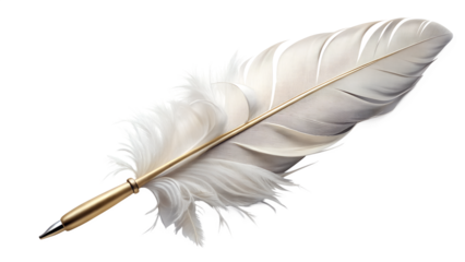 A white feather quill with golden accents, symbolizing elegance, writing, and creativity isolated on transparent background a timeless tool for expression