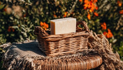 Light-colored bar of soap in a woven basket outdoors.