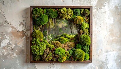 Framed moss art depicting a miniature forest scene