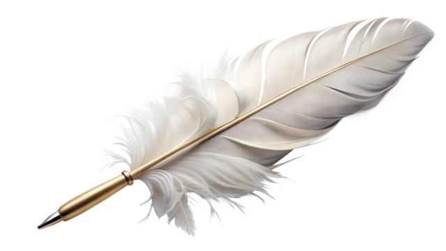 A white feather quill with golden accents, symbolizing elegance, writing, and creativity isolated on transparent background a timeless tool for expression