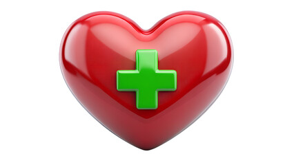 Obraz premium Red heart with green cross isolated on transparent background, symbolizing health, love, and medical care, ideal for healthcare and wellness related designs