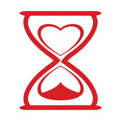 Red hourglass with heart shape inside on white background time love
