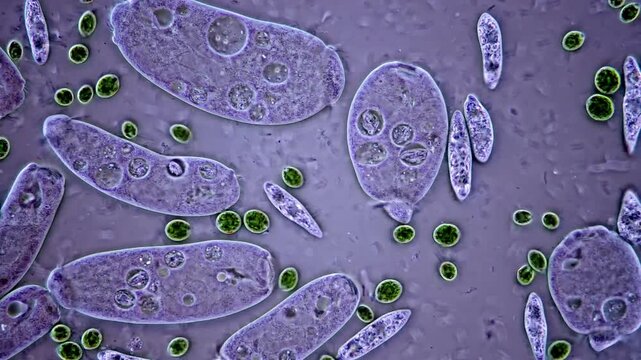 Euglena protozoa and green algae cells under microscope, 4K Video 