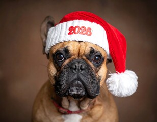 French bulldog wearing a Christmas hat