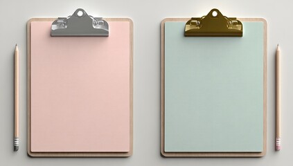 Twin clipboards, one pink, one green, with pencils adjacent