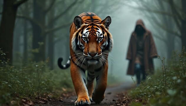 Orange tiger walks dusty path in foggy forest. Hooded person moves away slowly. Wild predator approaches human. Big cat in deep nature. Tense, mysterious encounter in dense jungle. Danger, survival
