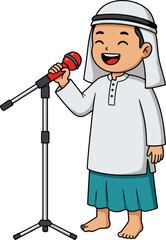 Cute Muslim boy cartoon character wearing traditional Arabic dress singing with microphone, Islamic child illustration, happy expression, Ramadan and Eid celebration artwork