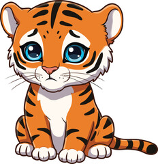 Cute sad baby tiger cartoon illustration with big blue eyes, adorable wildlife animal character, jungle feline drawing, children artwork design