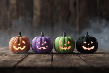 Spooky Halloween Pumpkins Glowing with Colorful Lights and Smoke on Wooden Floor, Festive Jack O Lantern Faces with Creepy Expressions in Dark Night Atmosphere