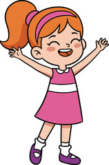 Happy cartoon girl in pink dress with ponytail smiling and raising hands, cheerful child character illustration for kids joy and fun
