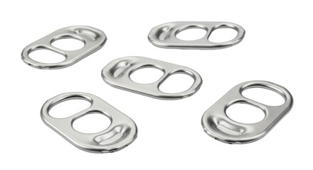 Isolated pull tabs from soda and beverage cans, shiny and metallic in group, recycle
