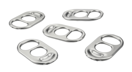 Isolated pull tabs from soda and beverage cans, shiny and metallic in group, recycle