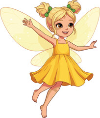 Happy fairy girl with blonde hair wearing yellow dress, flying with magical wings, adorable fantasy character illustration, joyful mystical artwork design