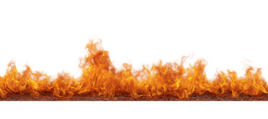 A continuous line of bright orange flames burns across a transparent background, isolated on transparent background