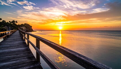 Scenic pier at sunset over calm water. Colorful sky reflects sunlight. Wooden structure extends, reaching the horizon