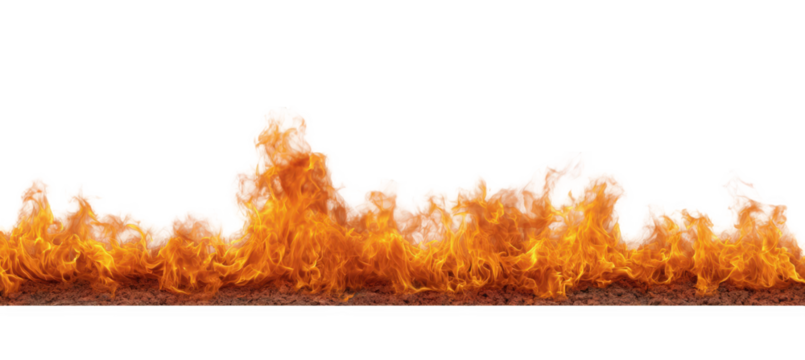 A continuous line of bright orange flames burns across a transparent background, isolated on transparent background